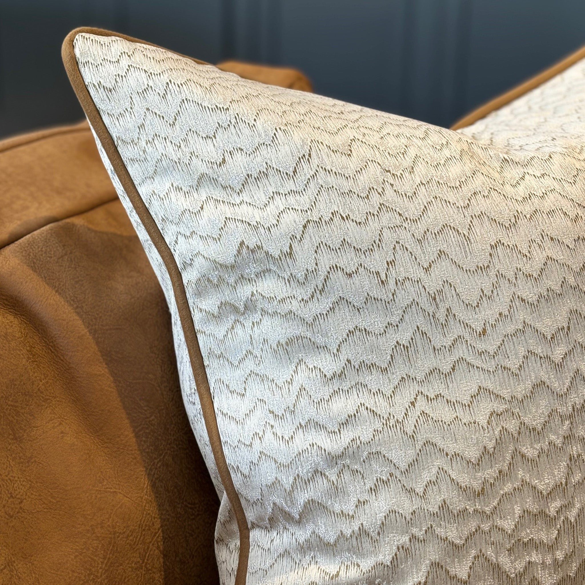 Ecru and Tan Satin Finish Patterned Cushion with Tan Piping